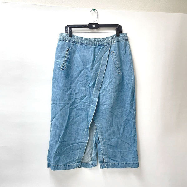 Women's Maeve Anthropologie Blue Denim / Jean Faux Wrap Midi Skirt Size 14