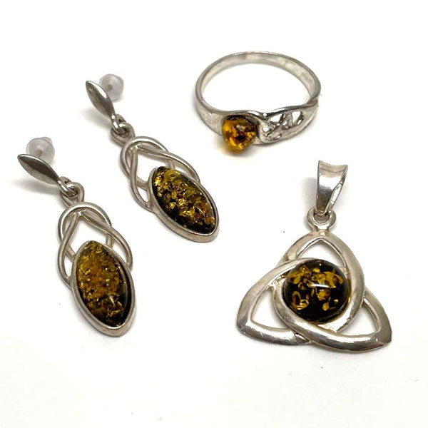 3pc Sterling Silver Amber Celtic Knot Pendant, Ring, & Earring Set, 5.74g