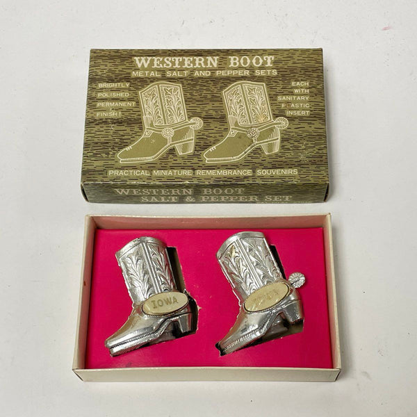 Vintage Metal Salt & Pepper Shakers Iowa Western Boots IOB