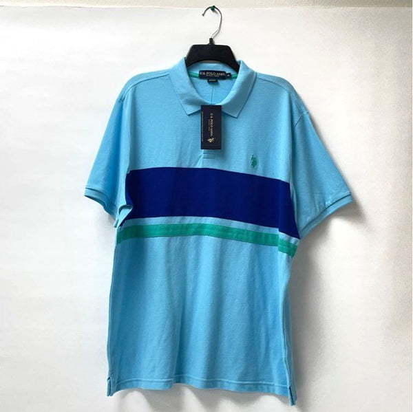 NWT Men's U.S. POLO ASSN Blue Striped Collared Short Sleeve Shirt Size XL