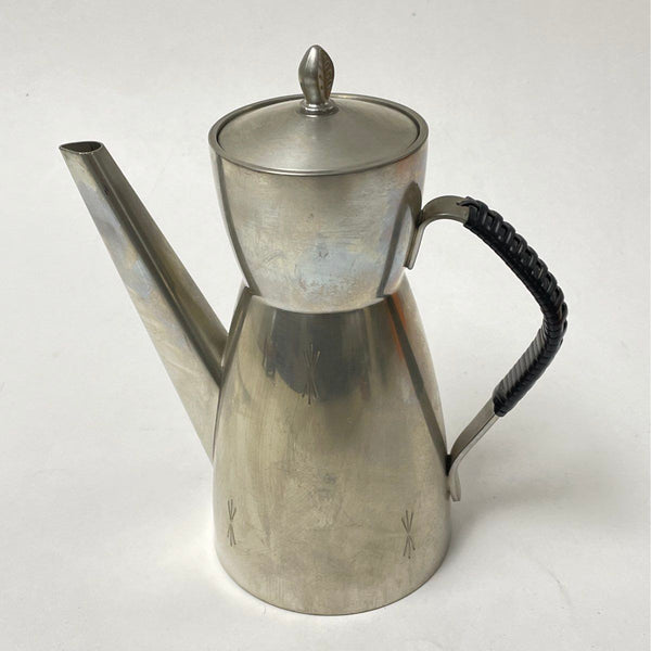 Vintage Brodrene Mylius Norway MCM Pewter Coffee Pot w Wicker Handle