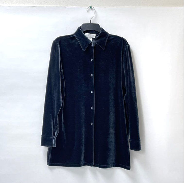 Woman's 90s Vintage Express Tricot Navy Blue Velvet Button Down Top Size Small