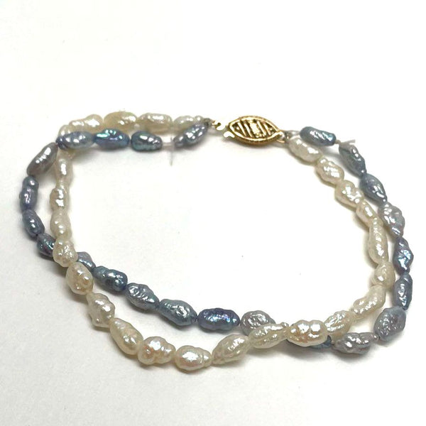 7" White & Blue Rice Pearl Double Strand Bracelet with 14K Clasp, 5.48g