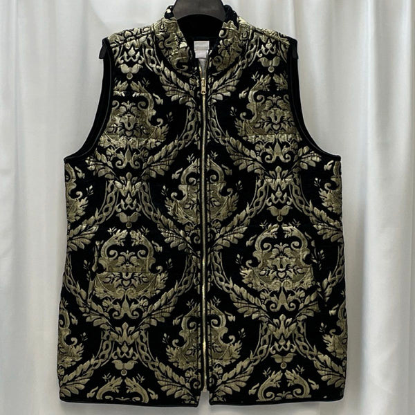 Wmns NWT Chico's Black and Gold Brocade Quilted Vest Sz L