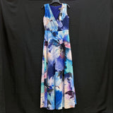 NWT Wmns FRANK LYMAN Blue Abstract Watercolor Long Chiffon Maxi Dress 8 MSRP$270