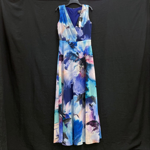 NWT Wmns FRANK LYMAN Blue Abstract Watercolor Long Chiffon Maxi Dress 8 MSRP$270