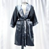 Wmns Gray & Black Reversible Embroidered Japanese Kimono Style Satin Robe Sz M