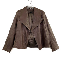 Wmns EILEEN FISHER Brown Genuine Leather Open Front Jacket Sz XS