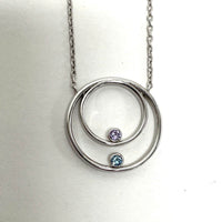 925 Sterling Silver Dainty Double Circle Pendant W/ Pink & Blue Glass Accents