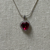 18" Sterling Silver Heart Shaped Ruby Pendant Necklace w/ CZ Accents, 6.22g