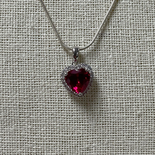 18" Sterling Silver Heart Shaped Ruby Pendant Necklace w/ CZ Accents, 6.22g