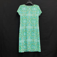 NWT Wmns TALBOTS Blue Green Damask Short Sleeve Casual Dress Sz M MSRP$139