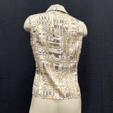 Wmns ST. JOHN Silk Tan Abstract Print Button Up Sleeveless Shirt Tank Top Sz 6