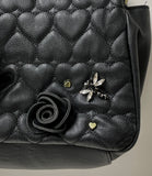 Betsey Johnson Black Puffy Heart Quilted Satchel Purse w Dragonfly