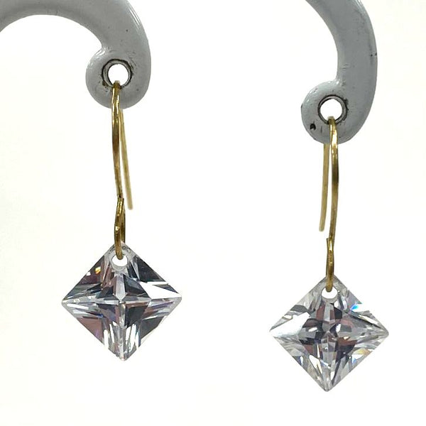 14K Yellow Gold Square Cut Cubic Zirconia Everyday Wear Dangle Earrings, 1.35g