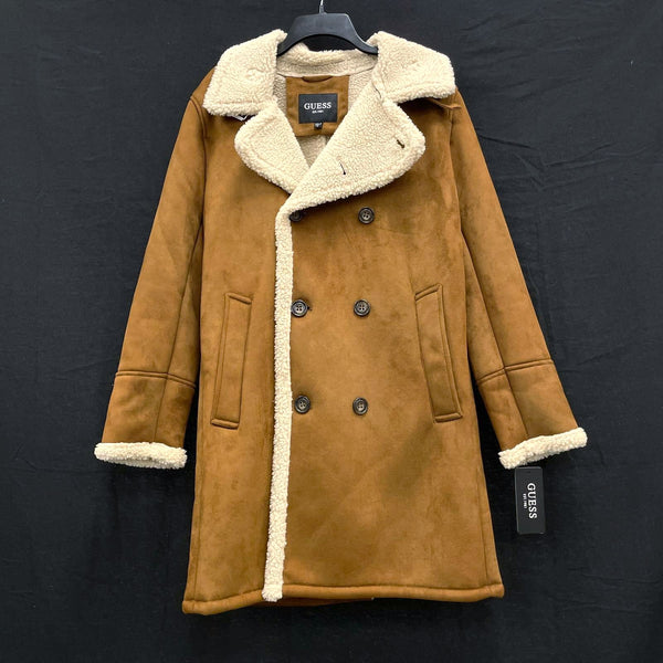 NWT Wmns GUESS Brown Faux Suede Sherpa Double Breasted Coat Jacket Sz M MSRP$350