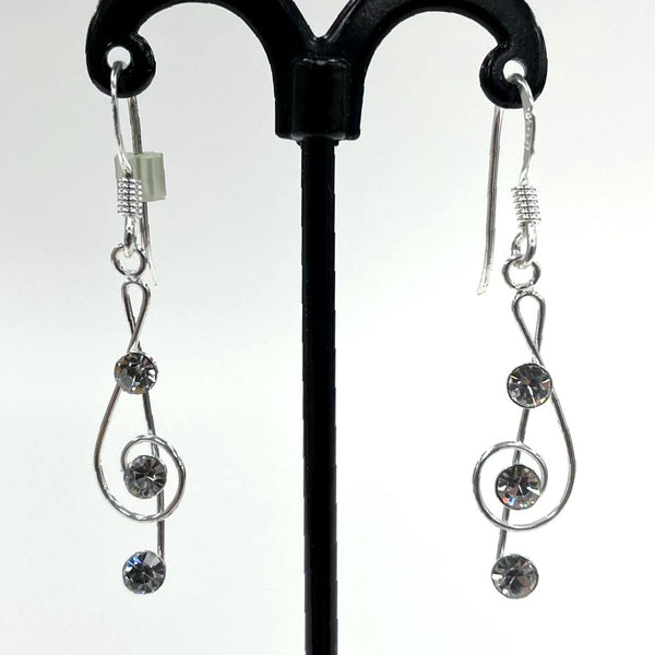 925 Sterling Silver Treble Clef Earrings With Rhinestone Accents