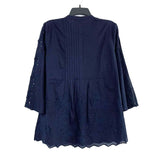 NWT Wmns CHICO'S Navy Blue Embroidered 3/4 Sleeve Loose Fit Blouse Sz 6 MSRP$109