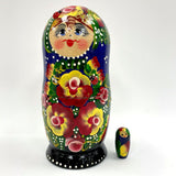 Dark Blue Floral Russian Matryoshka Nesting Dolls Complete Set of 5