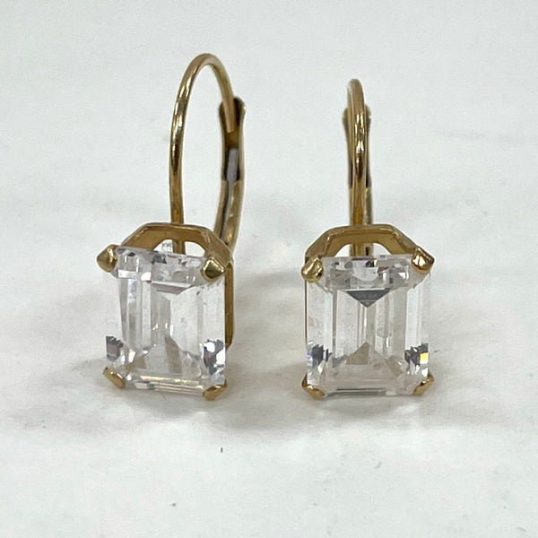 14K Yellow Gold Emerald Cut Cubic Zirconia Lever Back Earrings 5/8" 1.94g