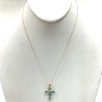 18" 14K Yellow Gold Stunning Blue Topaz & CZ Accent Cross Pendant Necklace, 2.3g