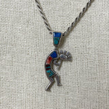 18" Sterling Silver Multi-stone Inlay Kokopelli Pendant Necklace, 13.58g!!