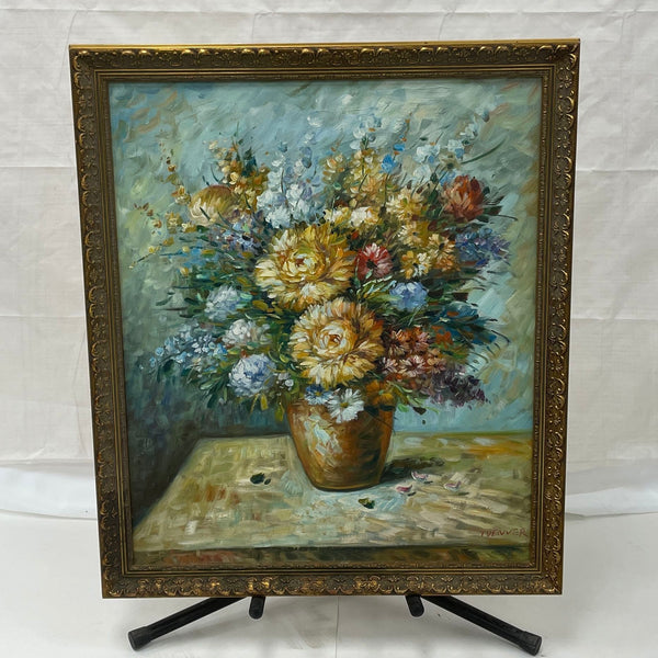 Large Oil On Canvas Floral Still Life in Vase by T Denver in Ornate Frame