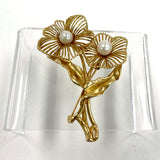 14K Yellow Gold & Cultured Pearl Double Flower Pin Brooch 2.5" x 1.5" 13.32g