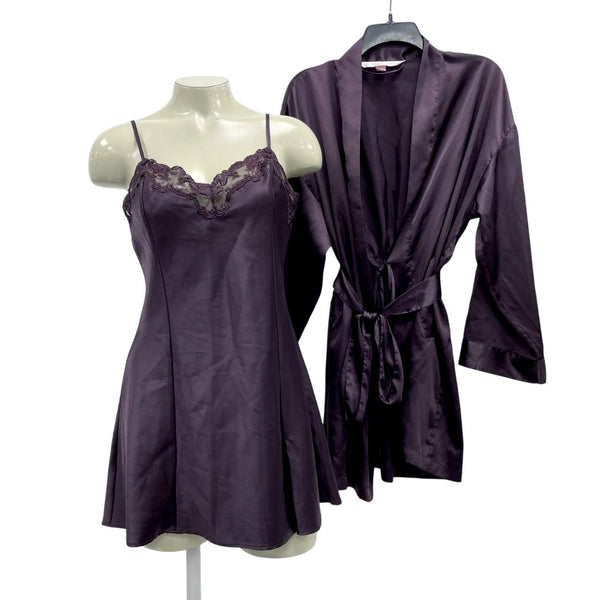 Wmns Y2k 90s Vintage VICTORIA'S SECRET Dark Purple Lace Slip Dress Robe Set Sz S