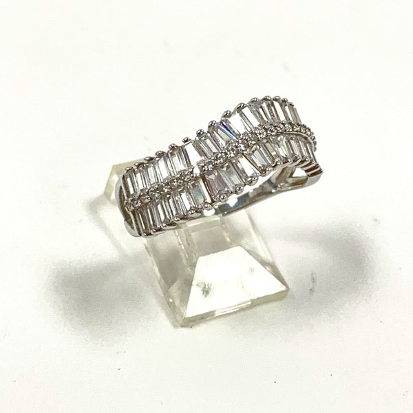 Size 9 Sterling Silver Split Shank Sparkling CZ Double Baguette Curve Ring 3.04g