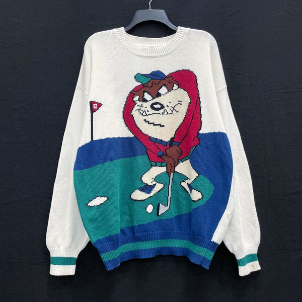 Mens 90s Vintage ACME looney Tunes Tasmanian Devil Golf Knit Crew Sweater Sz L