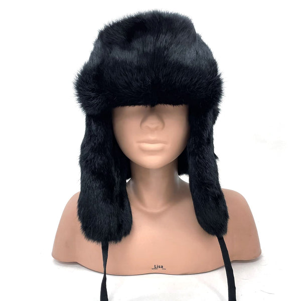 Unisex KLONDIKE Black Genuine Rabbit Fur Russian Winter Trapper Hat Sz L