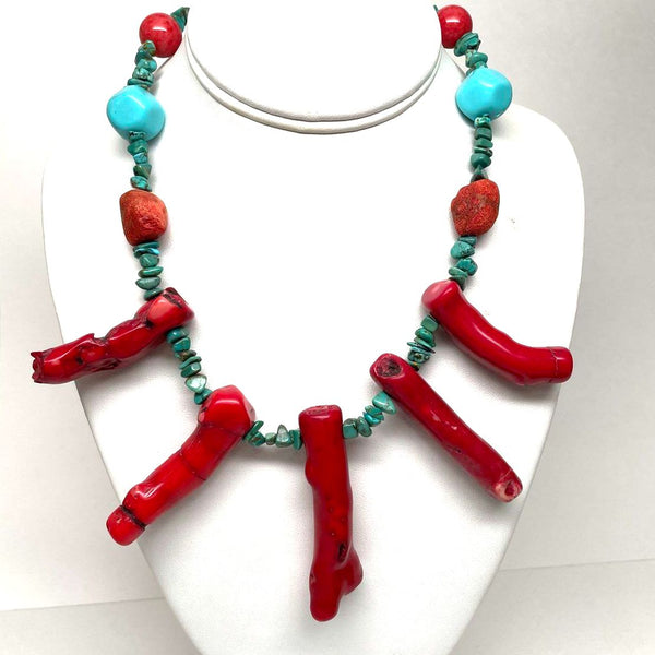 18" Big Bold Coral, Turquoise, Dyed Howlite, & Red Jasper Toggle Necklace