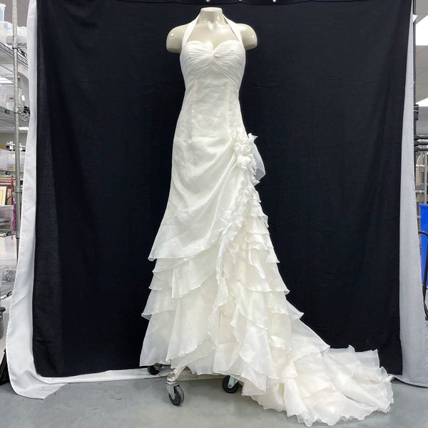 Wmns 90s Vintage DEMETRIOS White Ruffle Halter Wedding Dress w/ Train MSRP$1850