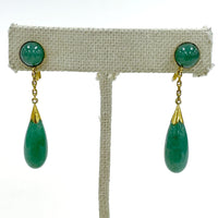 Vintage 14K Yellow Gold & Green Aventurine Screwback Style Drop Earrings 1.75"