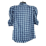 Wmns The Shirt ROCHELLE BEHRENS Blue Gingham Puff Sleeve Pussy Bow Top Sz M