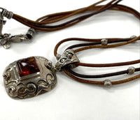 SILPADA Sterling 925 Genuine Amber Oxidized Pendant 3 Strand Leather Necklace