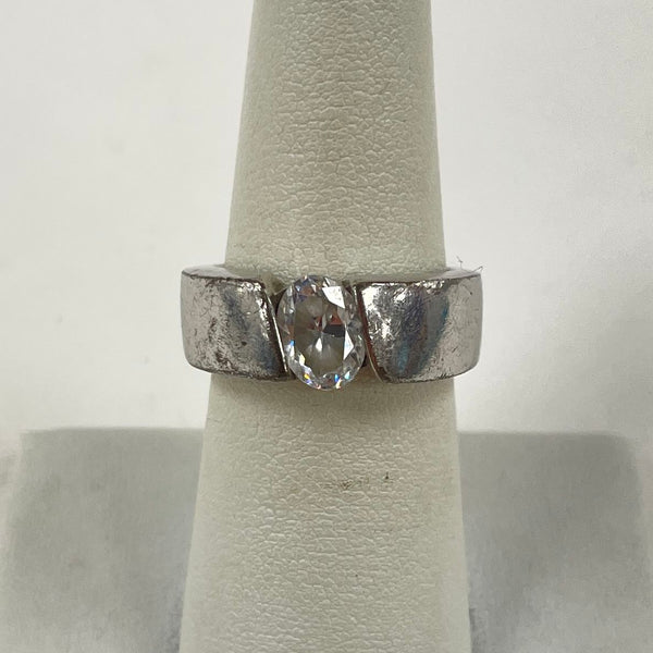 Platinum-Plated Sterling Silver Oval Cut CZ Solitaire Wide Band Ring Sz 7, 7.48g