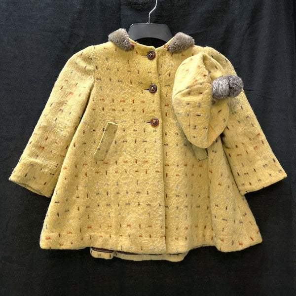 Girls 1940s Vintage Yellow Wool Faux Fur Collar Jacket & Hat No Sz