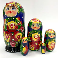 Dark Blue Floral Russian Matryoshka Nesting Dolls Complete Set of 5