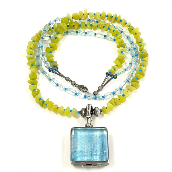 15" Sterling Silver Blue Topaz & Lemon Jade Beaded Necklace w Pendant, 35.4g