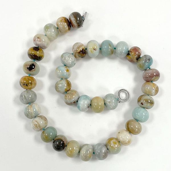 Sterling Toggled 25" Knotted 20mm Peruvian Opal Beaded Statement Necklace