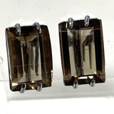 925 Sterling Silver Checkboard Faceted Smoky Quartz Screw Back Earrings 7.59G