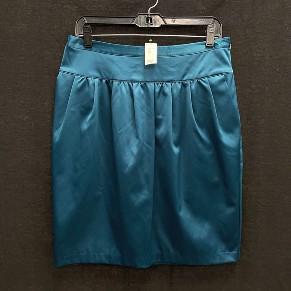 NWT Wmns THE LIMITED Teal Blue Silky Satin Knee Length Skirt w/ Pockets Sz M