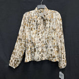 NWT Wmns ANNE KLEIN Silk Blend Tan Gray Textured Cinch Waist Pussy Bow Blouse 16