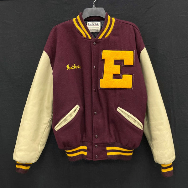 Wmns 80s Vintage DELONG Heather East Burgundy Yellow Varsity Letterman Jacket L