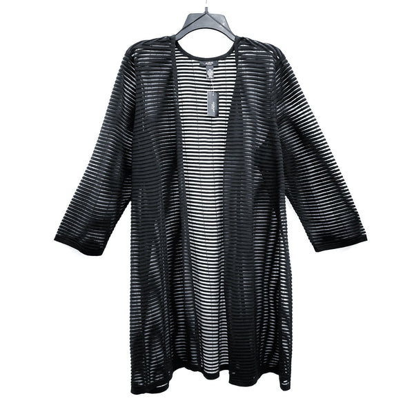 NWT Wmns ALFANI Black Striped Lightweight Mesh 3/4 Sleeve Long Cardigan Sz 3X