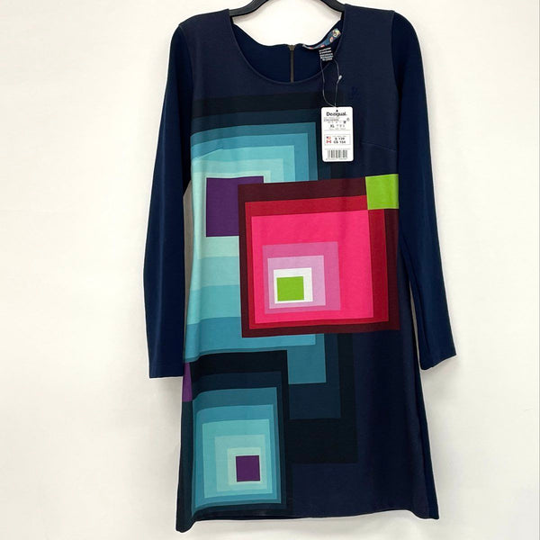 NWT Desigual Blue Multi Square Design Long Sleeve Knit Dress Women’s Sz XL