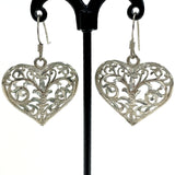 925 Sterling Silver Filigree Open Work Heart Dangle Earrings