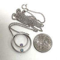 925 Sterling Silver Dainty Double Circle Pendant W/ Pink & Blue Glass Accents